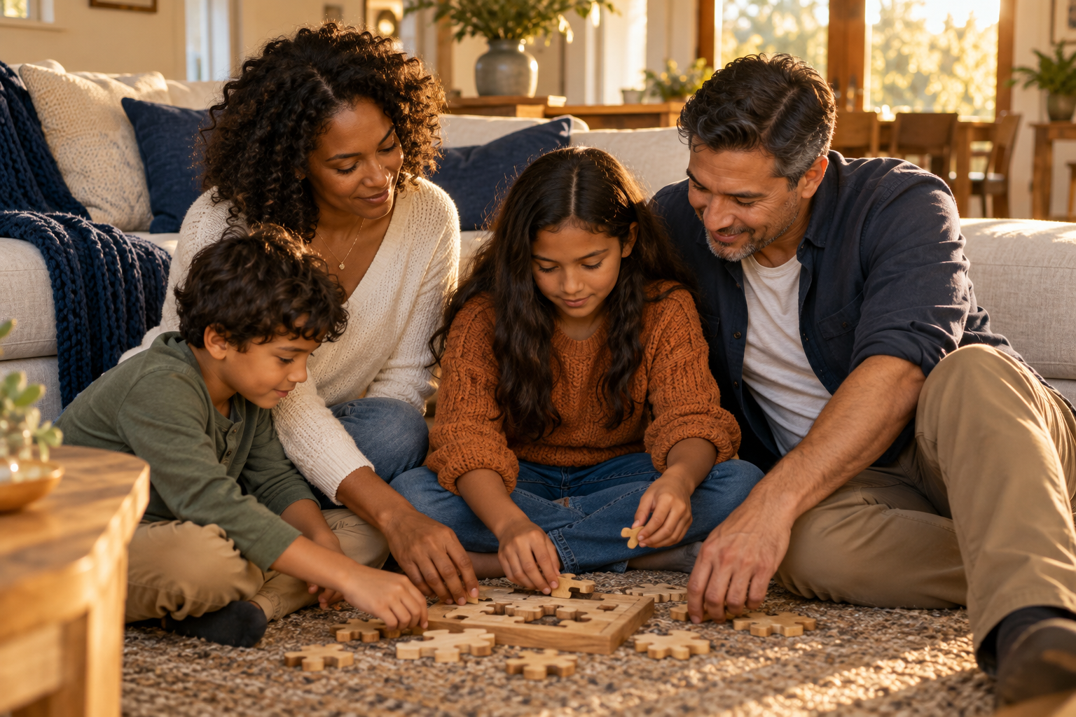 Illustrative photo: parents and children putting together a wooden puzzle