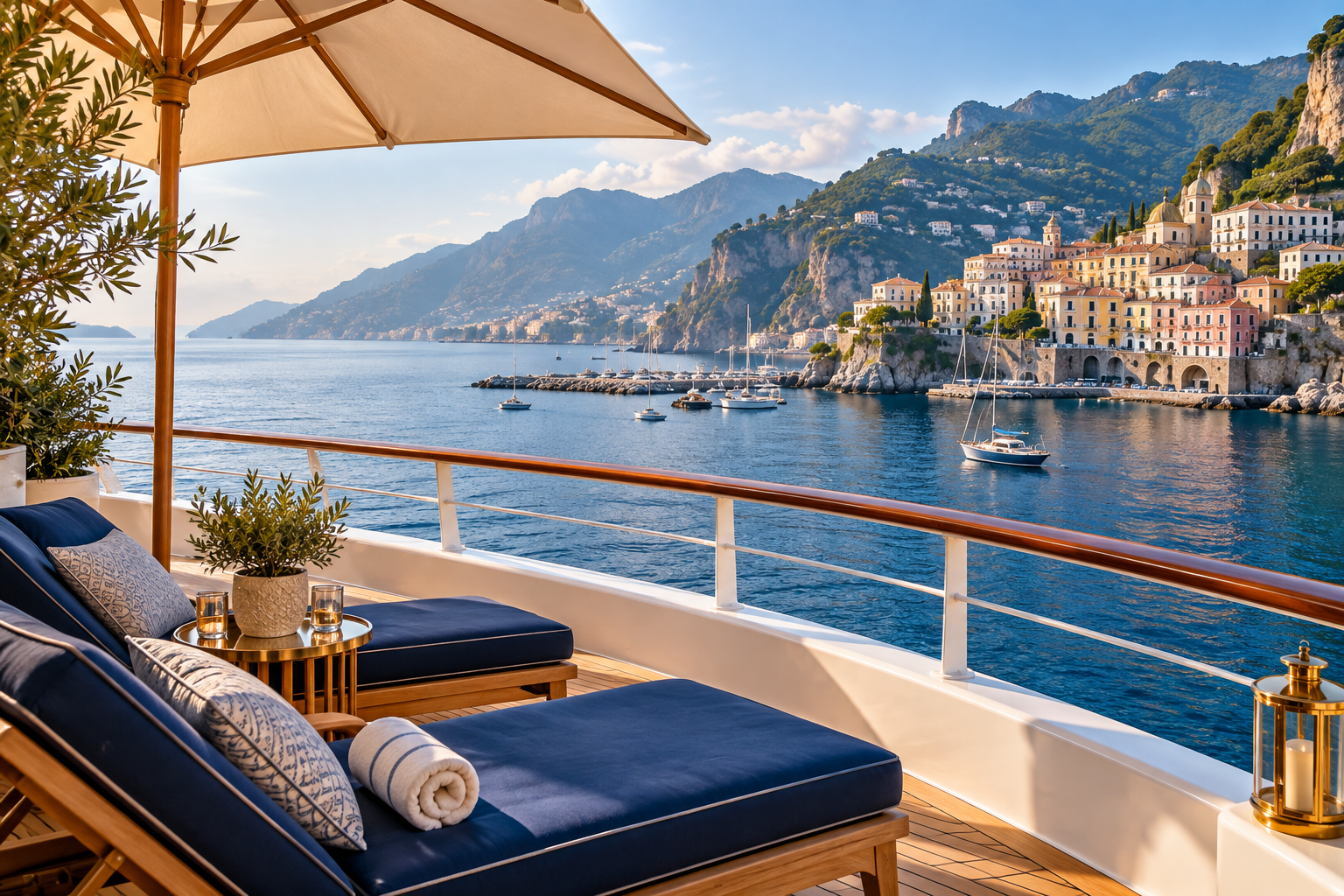 Navy loungers on a deck overlooking a Mediterranean harbor in morning light