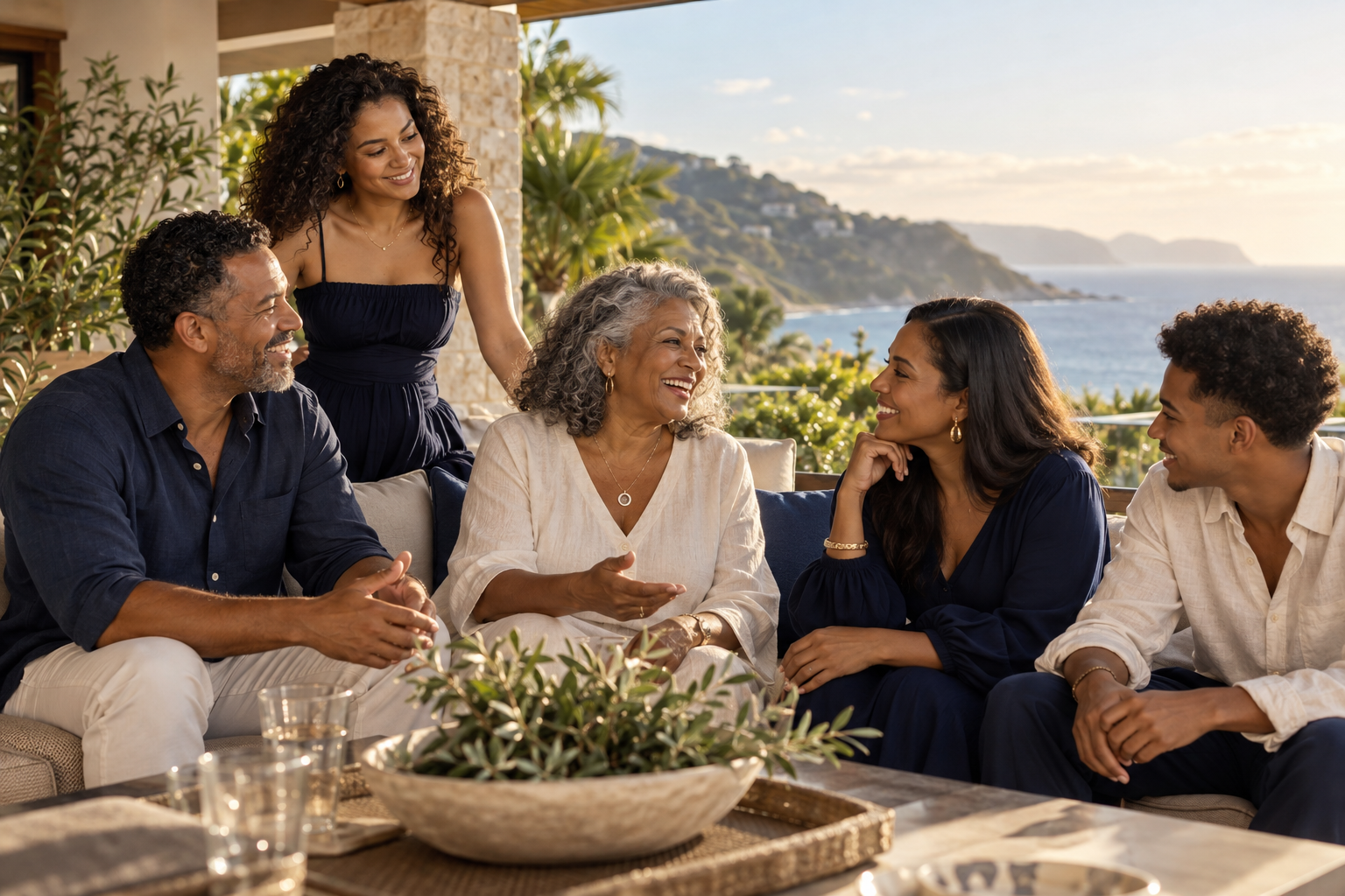 Illustrative photo: a multigenerational family gathered on a coastal terrace at golden hour