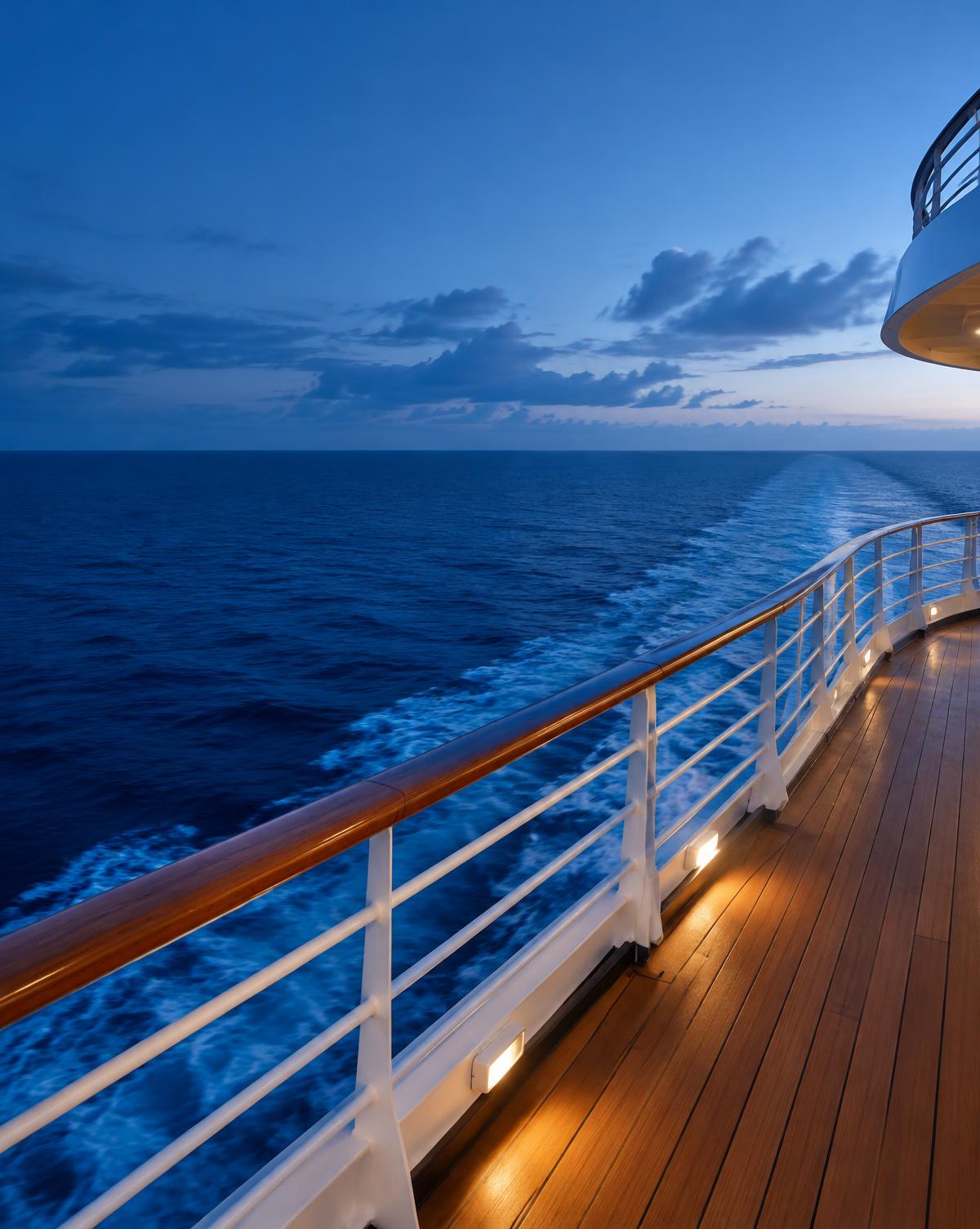 A cruise ship deck overlooking open ocean at dusk