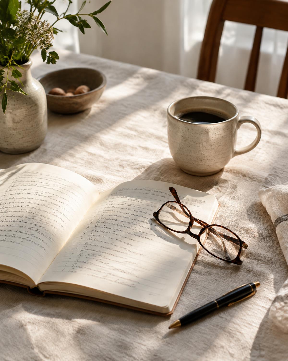 A notebook, glasses and coffee on a linen-covered table